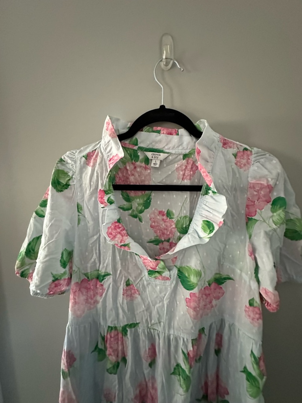 Crown and Ivy 100% cotton Light Blue Floral Midi Dress with Pink Hydrangeas - Picture 2 of 5